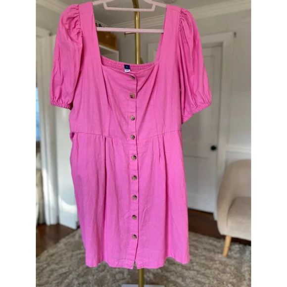 Old Navy Pink Linen Mini Dress Puff Sleeve Button Front Beach Resort Coquette XL - Picture 2 of 8